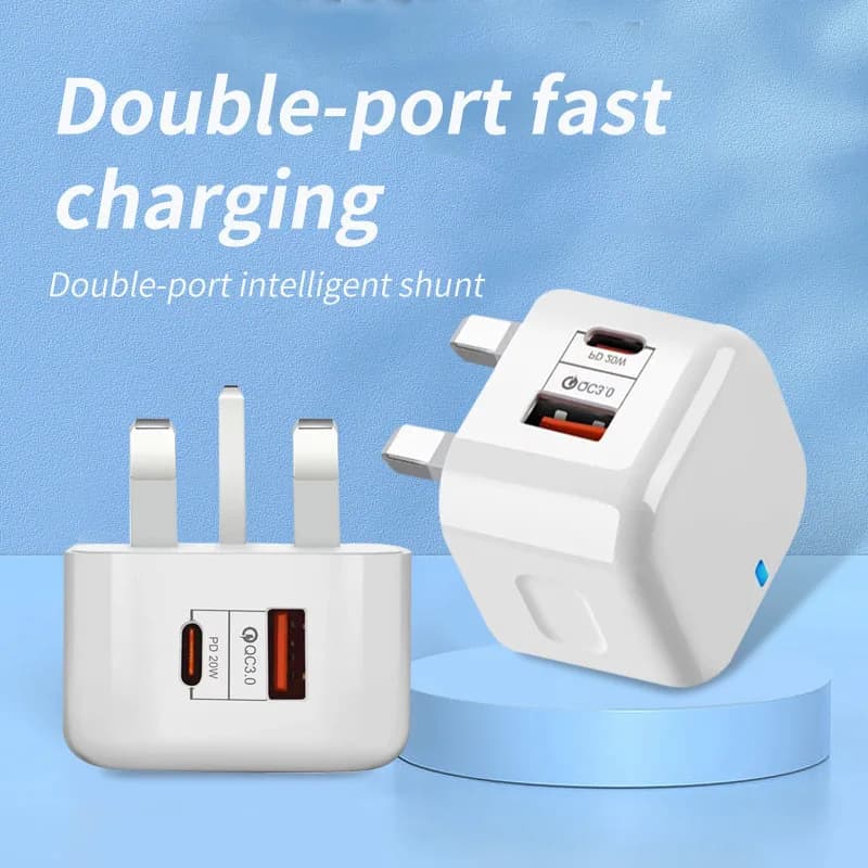 Dual Type-C 20W PD Fast Charging Wall Charger, EU/US/UK Plug Power Adapter for iPhone 11 12 13 14 15 Samsung HTC LG