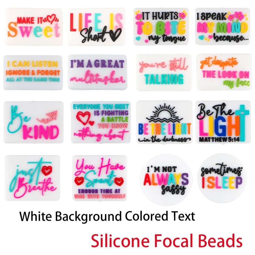 6 pz/lotto sfondo bianco testo colorato perline focale in silicone per gioielli braccialetto fai da te collana portachiavi tenda corda accessori