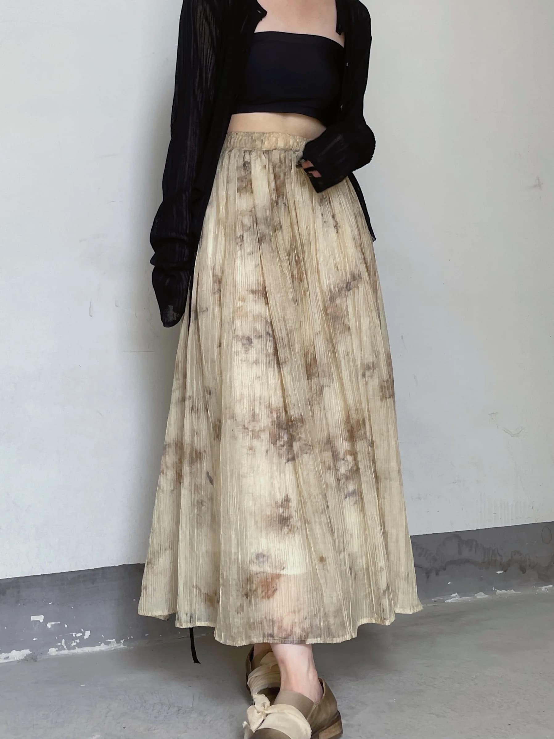 Gradual Dyeing Linen Skirt Women's Midi Skirt A-Line Loose Fit Vintage Style with Inner Medium Waist Design