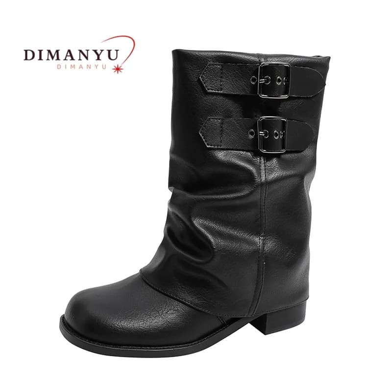 DIMANYU Western Cowboy Boots Women Fall 2026 New Ruffled Round Toe Vintage Ladies Boots Large Size Block Heel Rider Boots Women