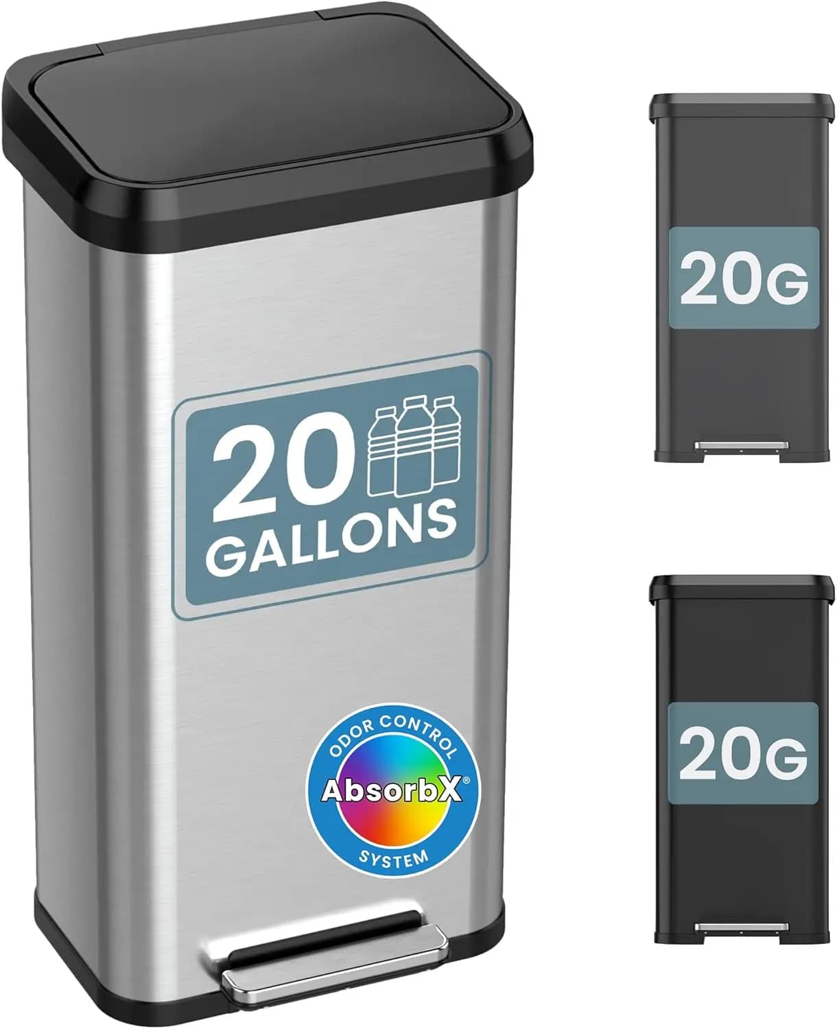 Bidone della Spazzatura con Coperchio a Pedale da 75L / 20 Galloni, Contenitore per Riciclaggio in Acciaio Inox con Filtro Anti-Odore, Coperchio Anti-Ammaccatura per Patio, Garage, Uso Commerciale