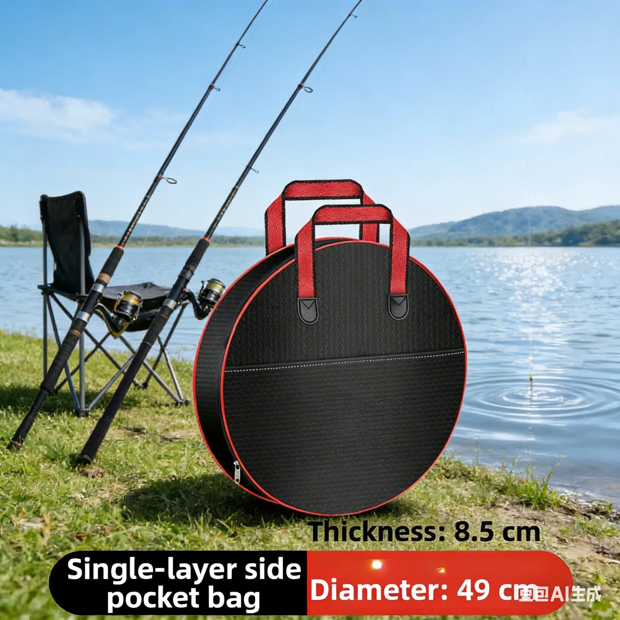 Borsa a Rete da Pesca in Tela Spessa Impermeabile Circolare Multifunzionale con Tasca Laterale per Attrezzatura da Pesca