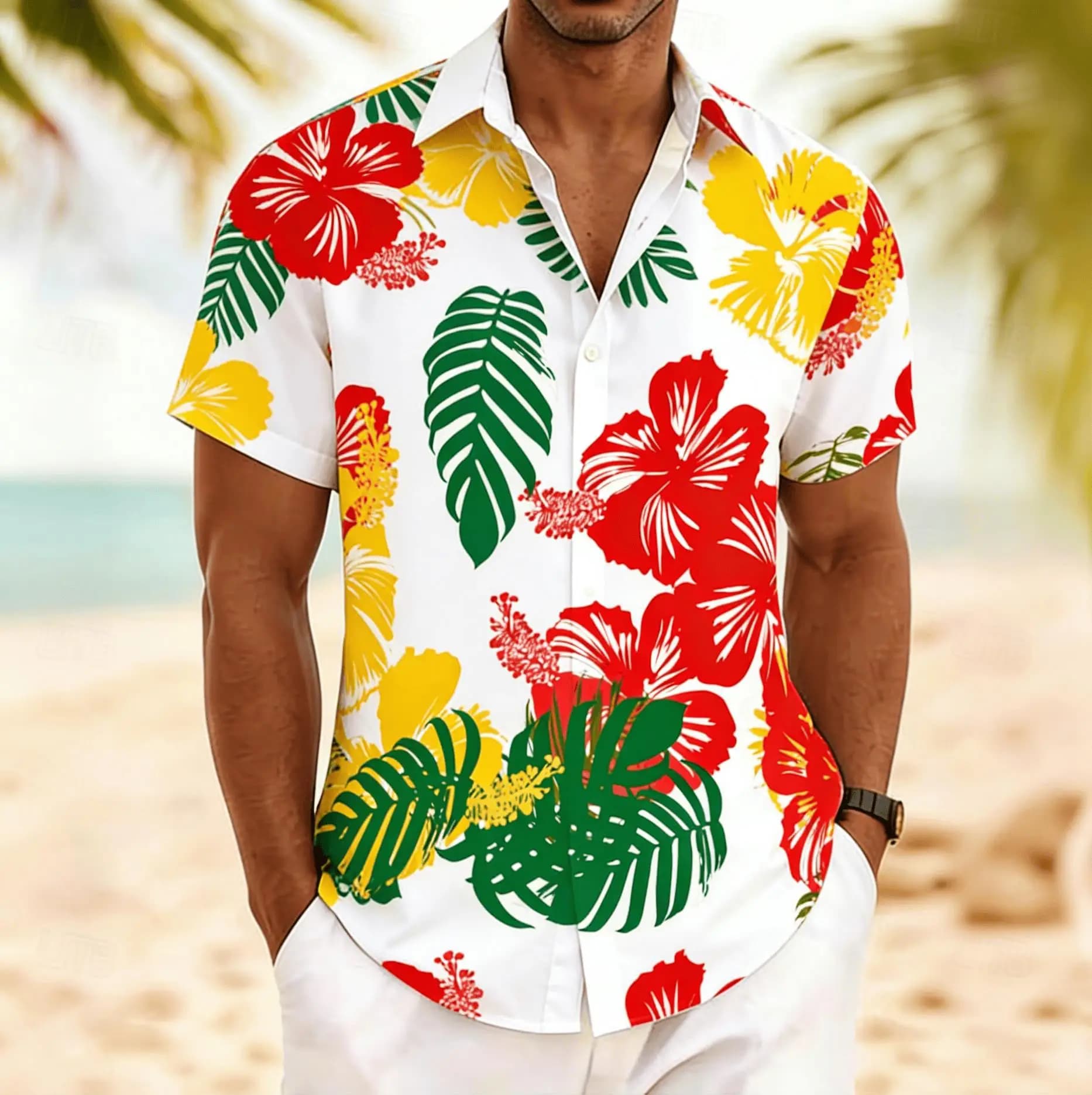 2026 Men's Hibiscus Tropical Print Short Sleeve Shirt, Spring Summer Vibrant Hawaiian Vacation Blouse, Loose Casual Top