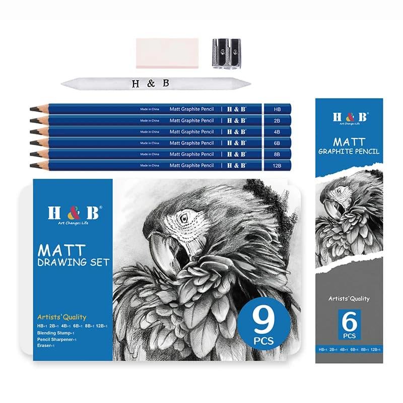 H&B Matt Sketching Pencils Professional Set, 6/9Pcs Art Graphite Pencil, Painting Drawing Shading for Beginners Artists Supplies