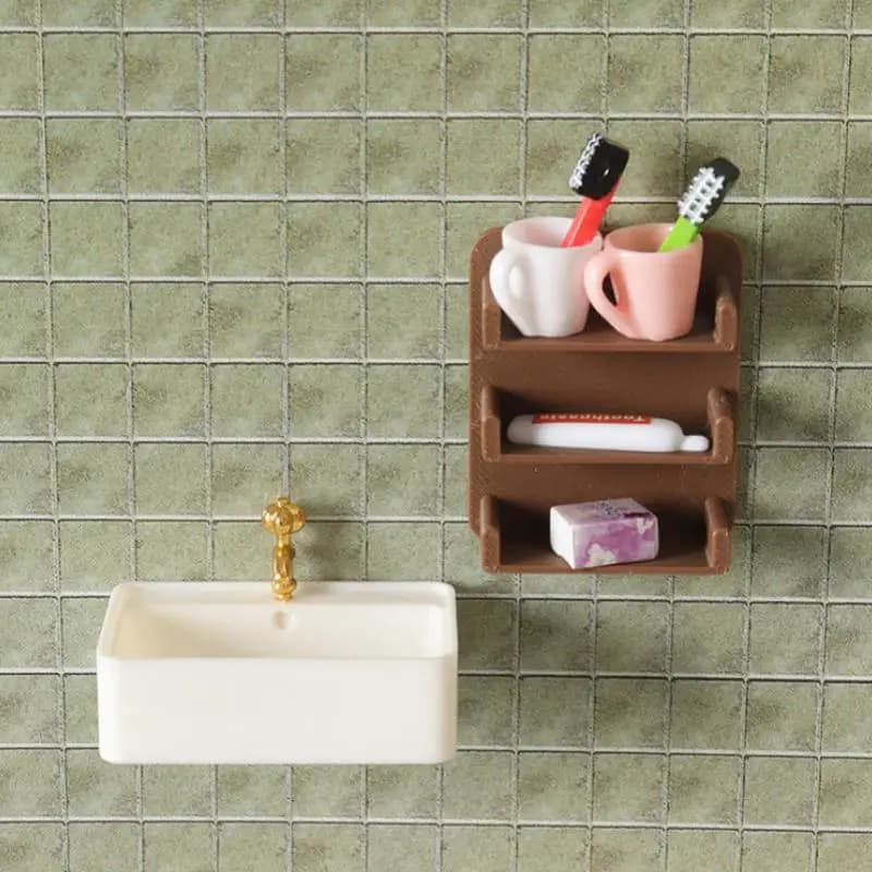 Set Bagno Miniatura per Casa delle Bambole, 7 Pezzi, con Spazzolino, Dentifricio, Bicchiere e Contenitore Realistico per Gioco di Ruolo e Decorazione