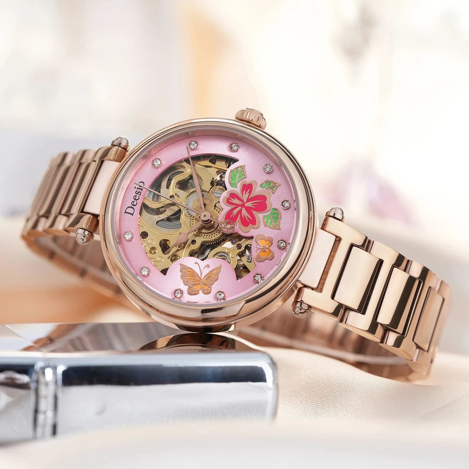 Deesio Skeleton Dial Pink Floral Butterfly Rhinestone Orologio meccanico da donna Cassa in acciaio inossidabile 30M Impermeabile Regalo romantico