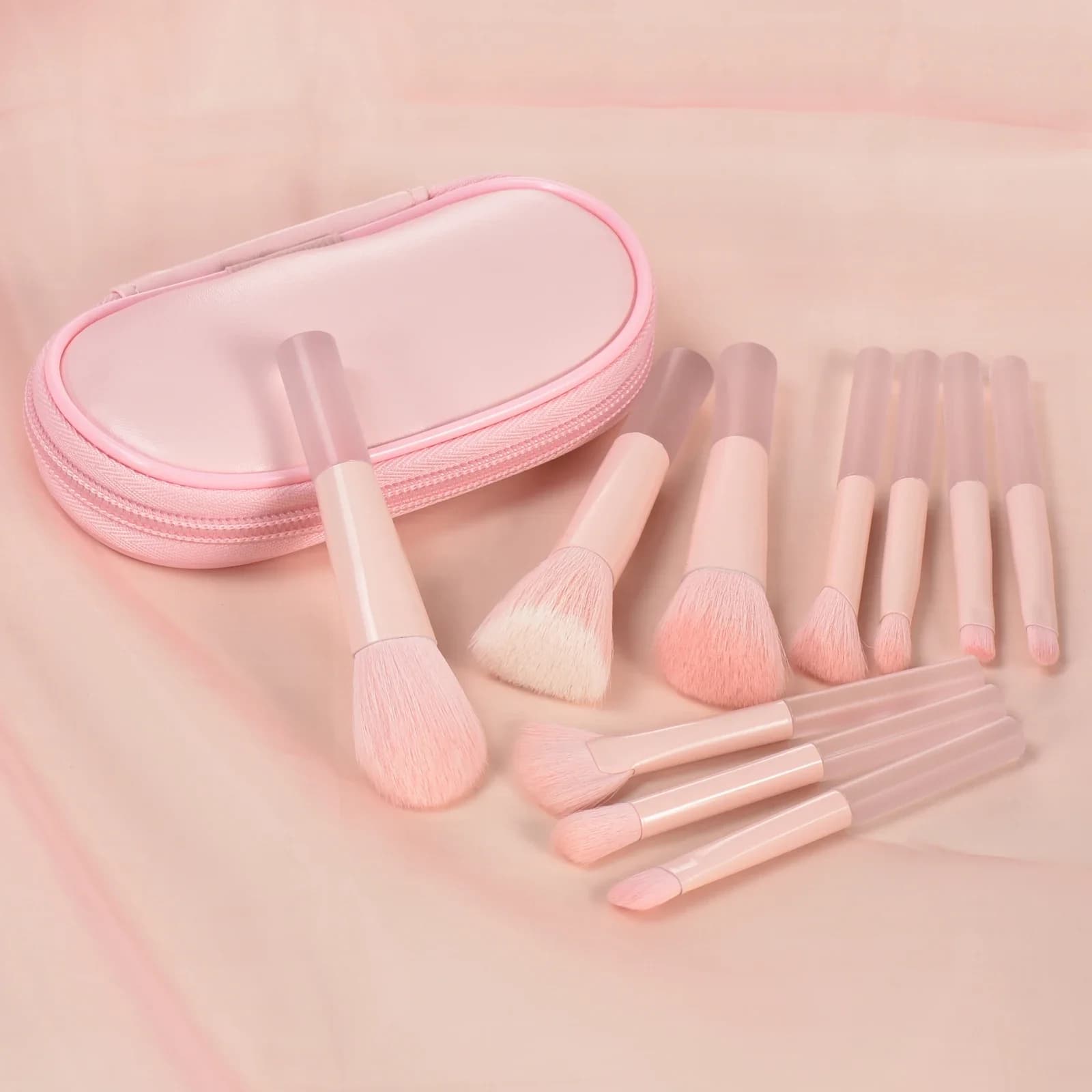 10 pink mini makeup brushes with storage bag, foundation contouring brush eyeshadow brow brush - Makeup puff, portable makeup