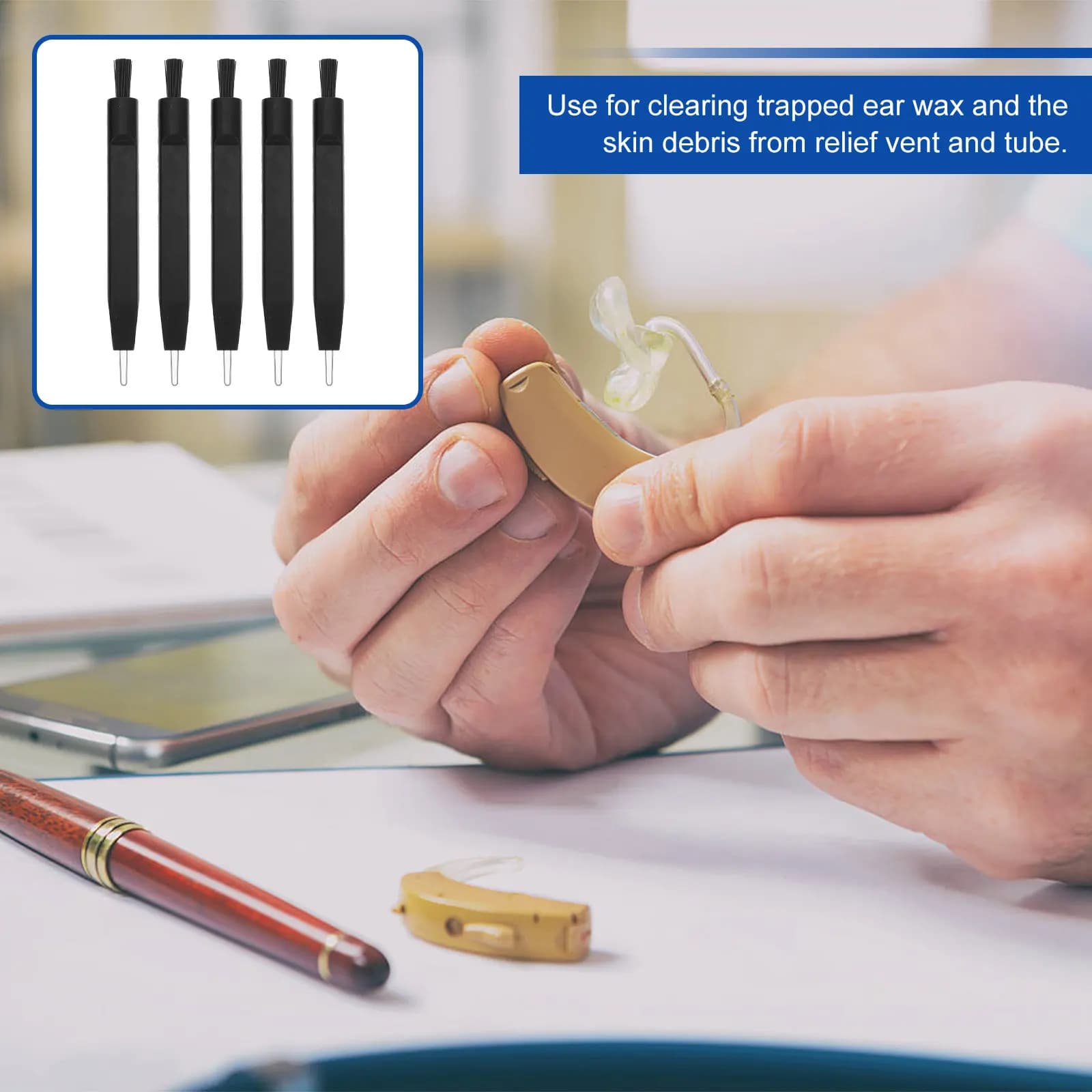 5Pcs Hearing Aid Cleaning Tools U Shaped Hook for Earwax Removal Hearing Amplifier Cleaner Small Nylon Brush Set