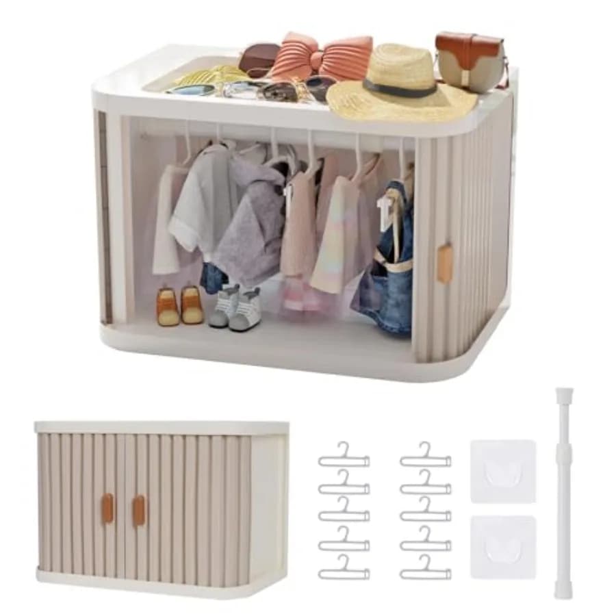Doll Wardrobe Storage Box, Foldable Doll Closet, 10 Hangers and Rod, For 15/17cm Doll Clothes, Stackable Organizer Cabinet, Dus