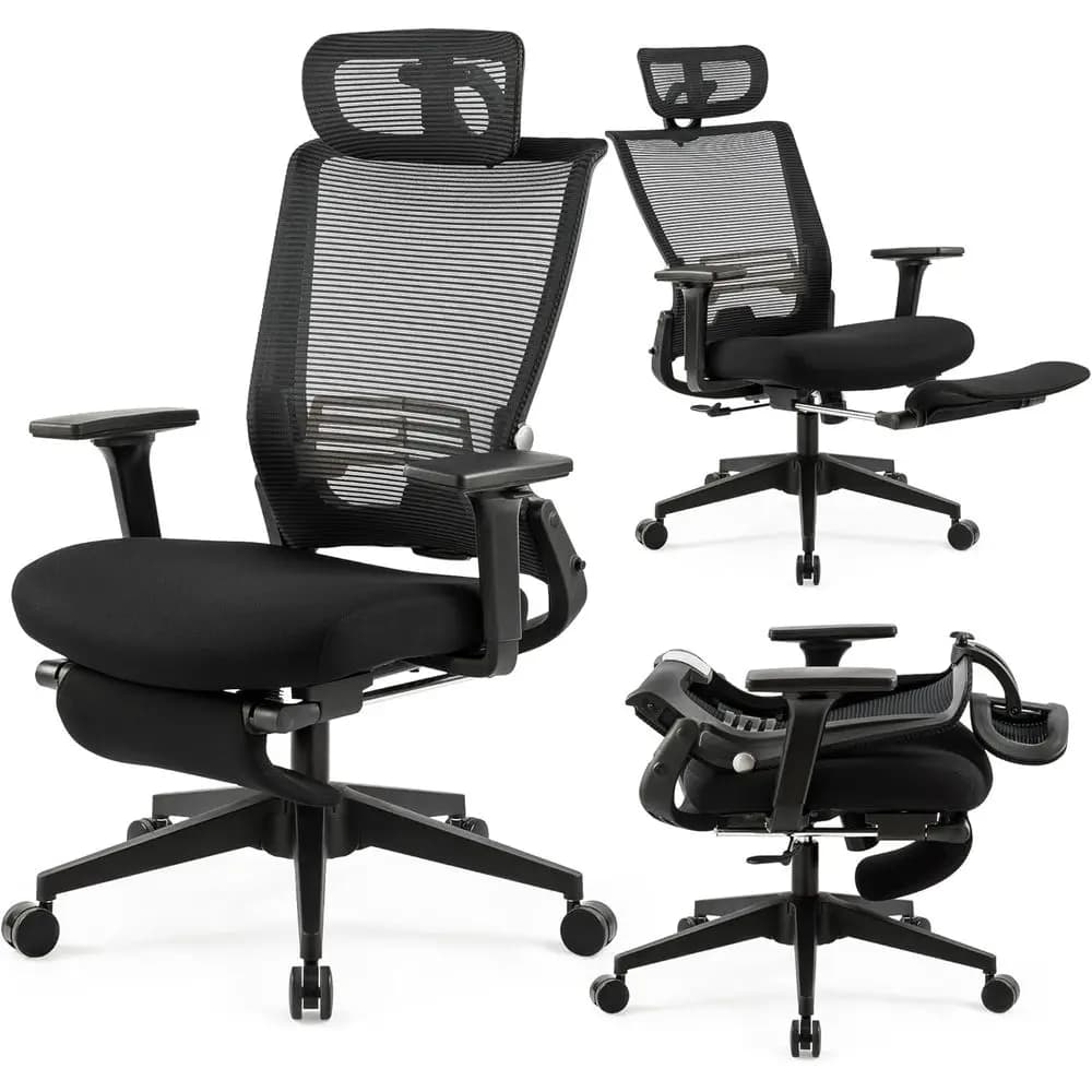 Sedia da ufficio ergonomica con poggiapiedi, supporto lombare regolabile e braccioli per l'home office, nera