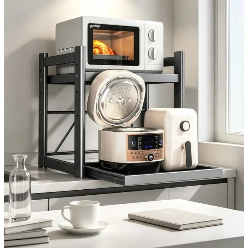 Kitchen Countertop Storage Rack with Sliding Drawer, for Microwave Air Fryer Rice Cooker, Space-Saving Sturdy Metal Organizer
