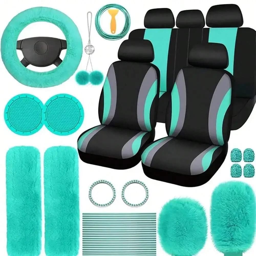 Set Coprisedili Auto con Coprivolante, Sottobicchieri Portabicchieri, Cuscinetti per Spalle e Accessori in Tessuto Poliestere per Decorazione Interna