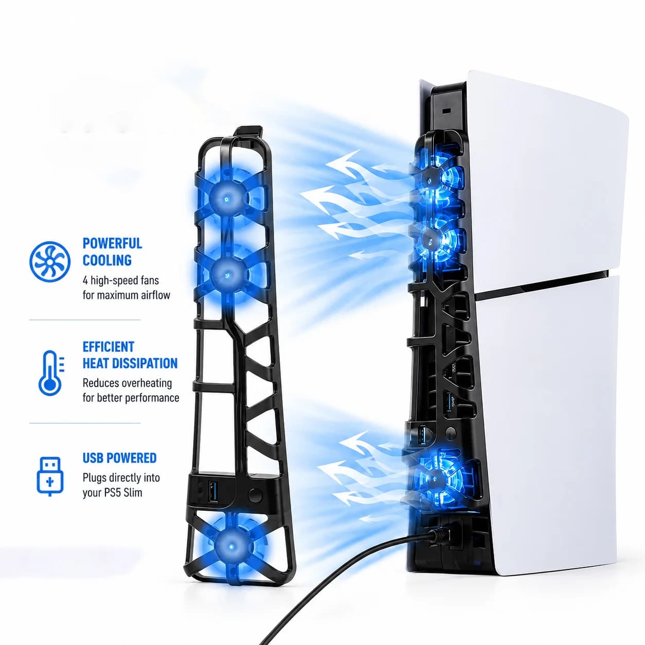 Cooling Fan For PS5 Slim Disc/Digital Console Cooling System with USB 3.0 Port Cooler For PlayStation 5 Slim Accessories