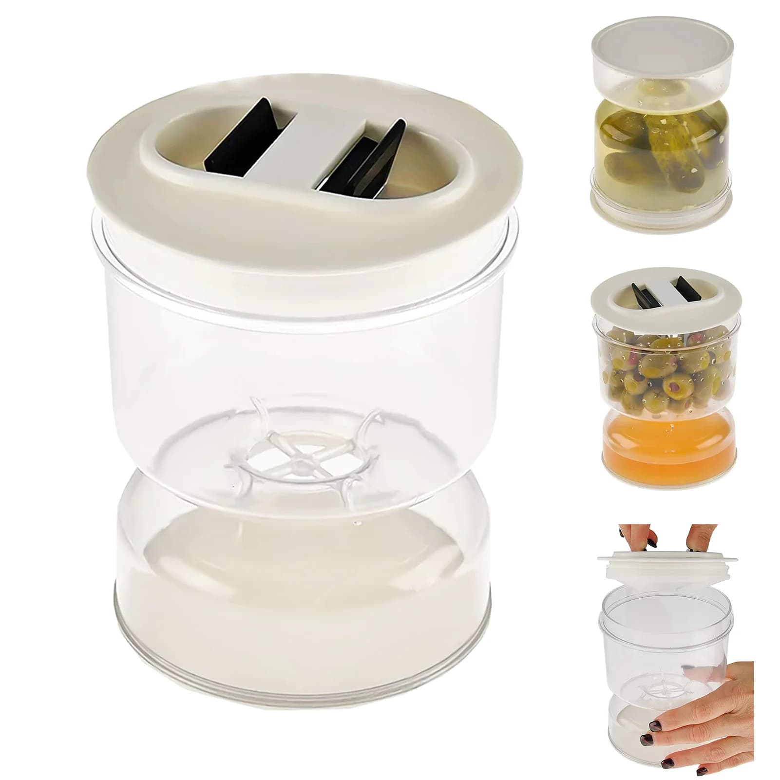 Barattolo di clessidra per oliva sottaceti, succo di sottaceti, separatore umido e secco, contenitore per alimenti con coperchio ermetico con colino