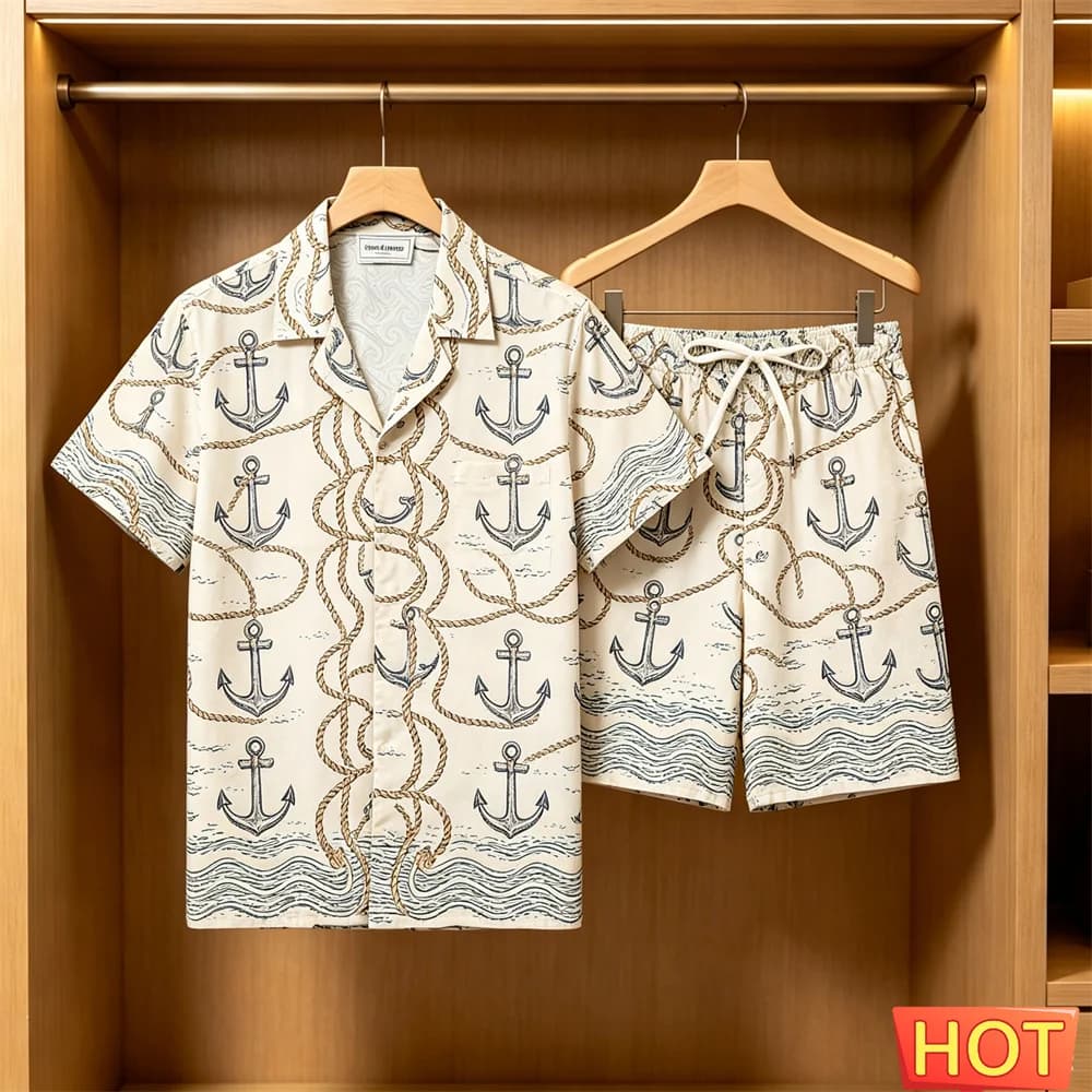 Men's 2 Piece Hawaiian Set Nautical Anchor Print Shirt Shorts Summer Beach Casual Outfit Retro 2 Piece Set Men's Y2k Clothing