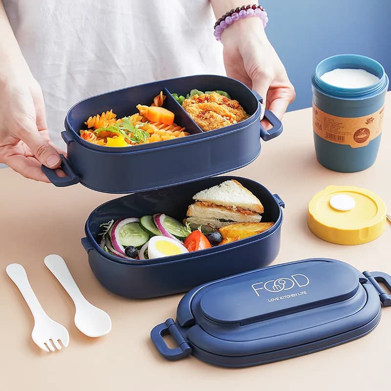 Lunch Box portatile per studenti riscaldato a microonde Bento Box a doppio strato Divisorio in stile giapponese con portapranzo per stoviglie