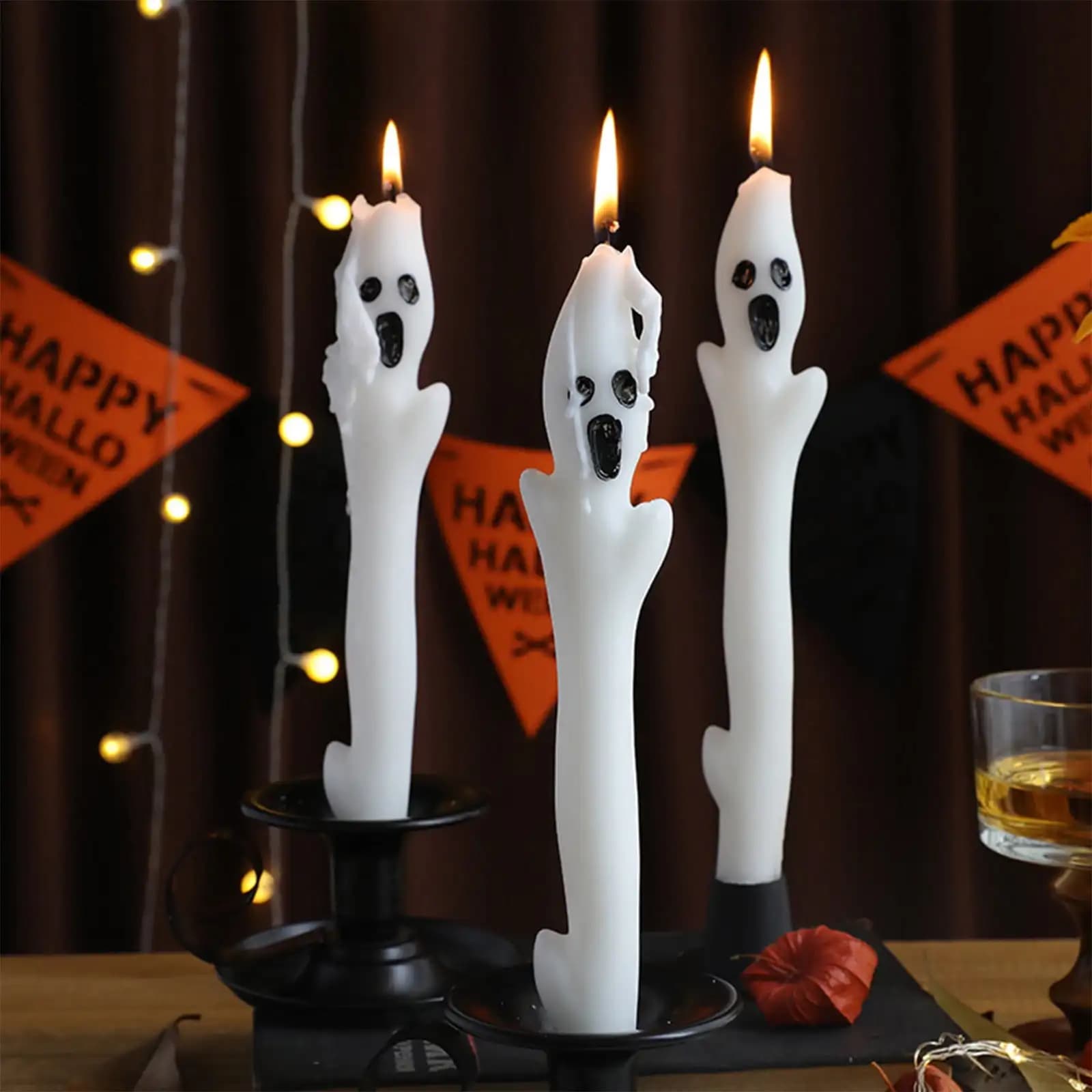 Halloween high conical candles - Hand painted 12 inch candles with floating ghost silhouettes, spectral altar centerpiece