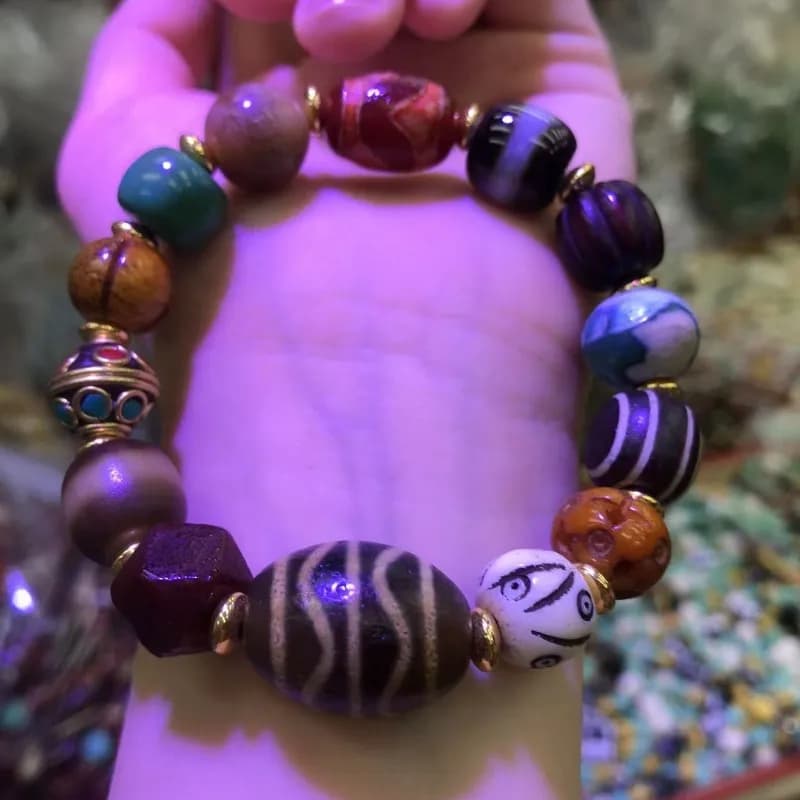 Multi-gemma doppia dente di tigre Dzi Bead corna di cervo osso di yak vecchia agata braccialetto antico gioielli