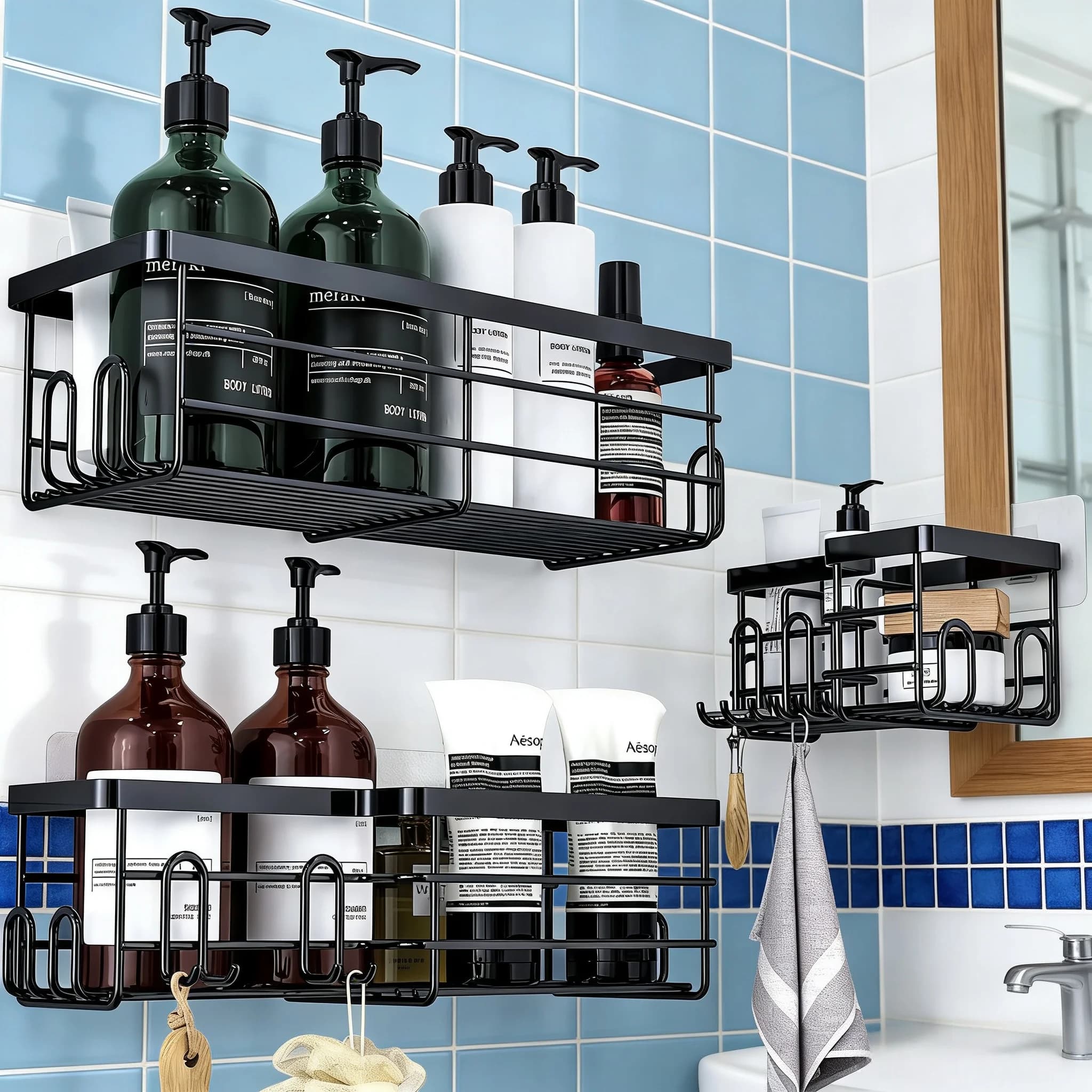 Shower Organizer with Soap Holder and Hooks for Bathroom Rustproof , No Drilling, Wall-Mounted, Kitchen & Home Decor