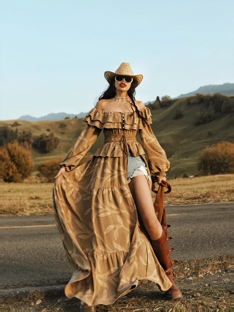 TIYIHAILEY Abiti Lunghi da Donna con Maniche a Lanterna, Stampa Floreale, Spalle Scoperte, Moda 2026, Abiti Sexy da Donna, Maxi con Spacco e Bendaggio