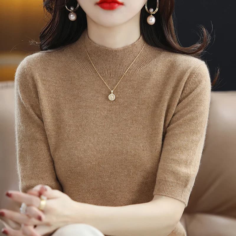 Women's Wool Knitwear V-Neck Five-Quarter Sleeve Sweater T-Shirt Base Layer Half Sleeve Crew Neck Thin Outerwear Top