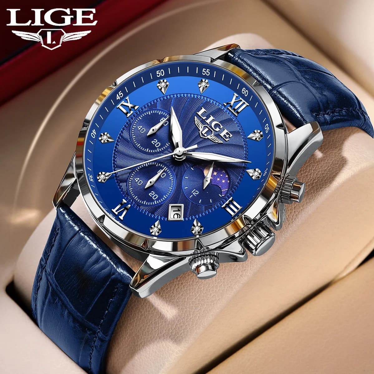 LIGE nuovo cinturino in pelle orologio da uomo moda fasi lunari orologi al quarzo da lavoro luminosi orologio da uomo cronografo con data impermeabile