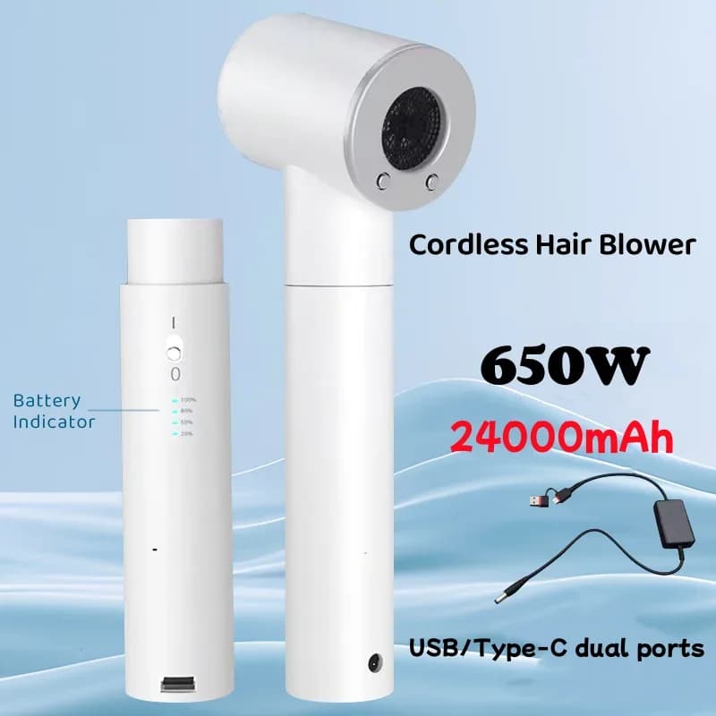 Asciugacapelli senza fili da 650 W Aria calda/fredda 24000 mAh Asciugacapelli da viaggio portatile ricaricabile Regali per donne/mamme Indossa qualsiasi ora ovunque