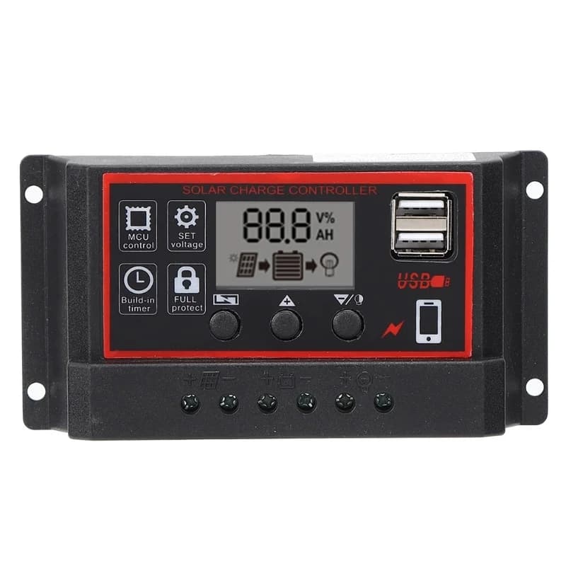Regolatore di Carica Solare LCD 5V/2.5A Doppia USB PWM per Pannelli Solari con Identificazione Automatica 12V 24V 10A