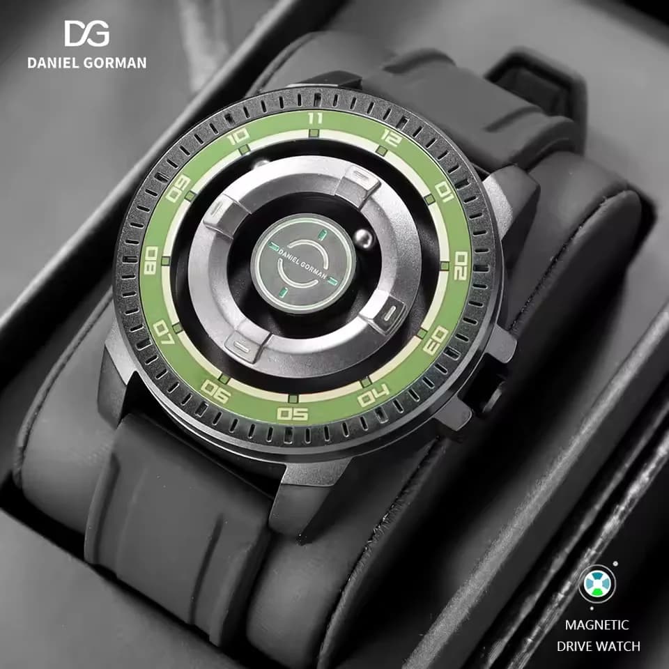 Magnetic Driven Watch Men Black Waterproof Stainless Steel Beads Quartz Watch with Silicone Strap DG0221 Green