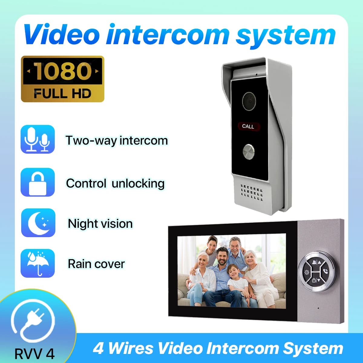 7" Color Screen Monitor 4-Wired Waterproof Video Intercom Doorbell System With Night Version Camera For Villa Apartment Gate
