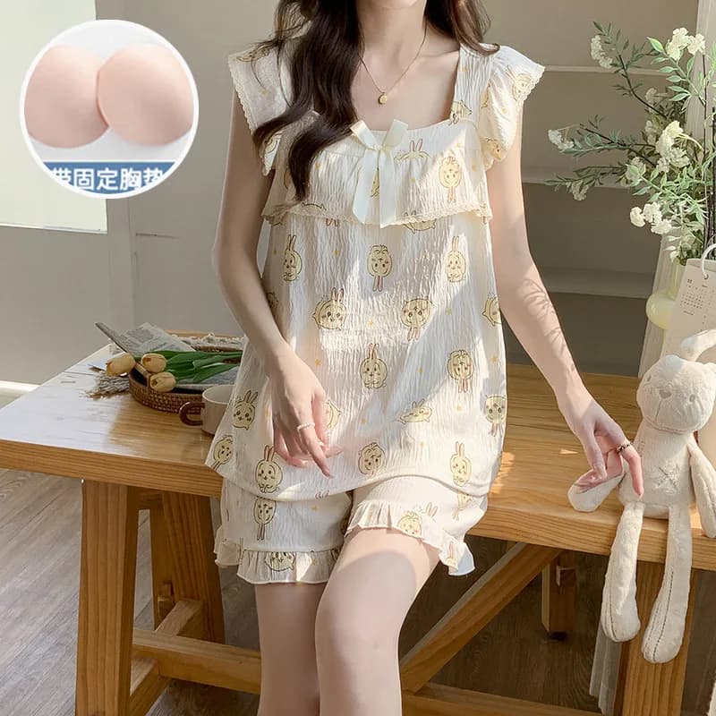 Cute Usagi Chiikawa Women Padded Pajama Skirt Cartoon Suspender Nightgown Anime Cotton Summer Tops Shorts Cute Home Clothing