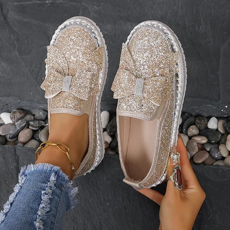 Mocassini da donna con paillettes e papillon in oro e argento, mocassini con plateau con suola spessa in cristallo lucido, scarpe casual antiscivolo leggere e confortevoli