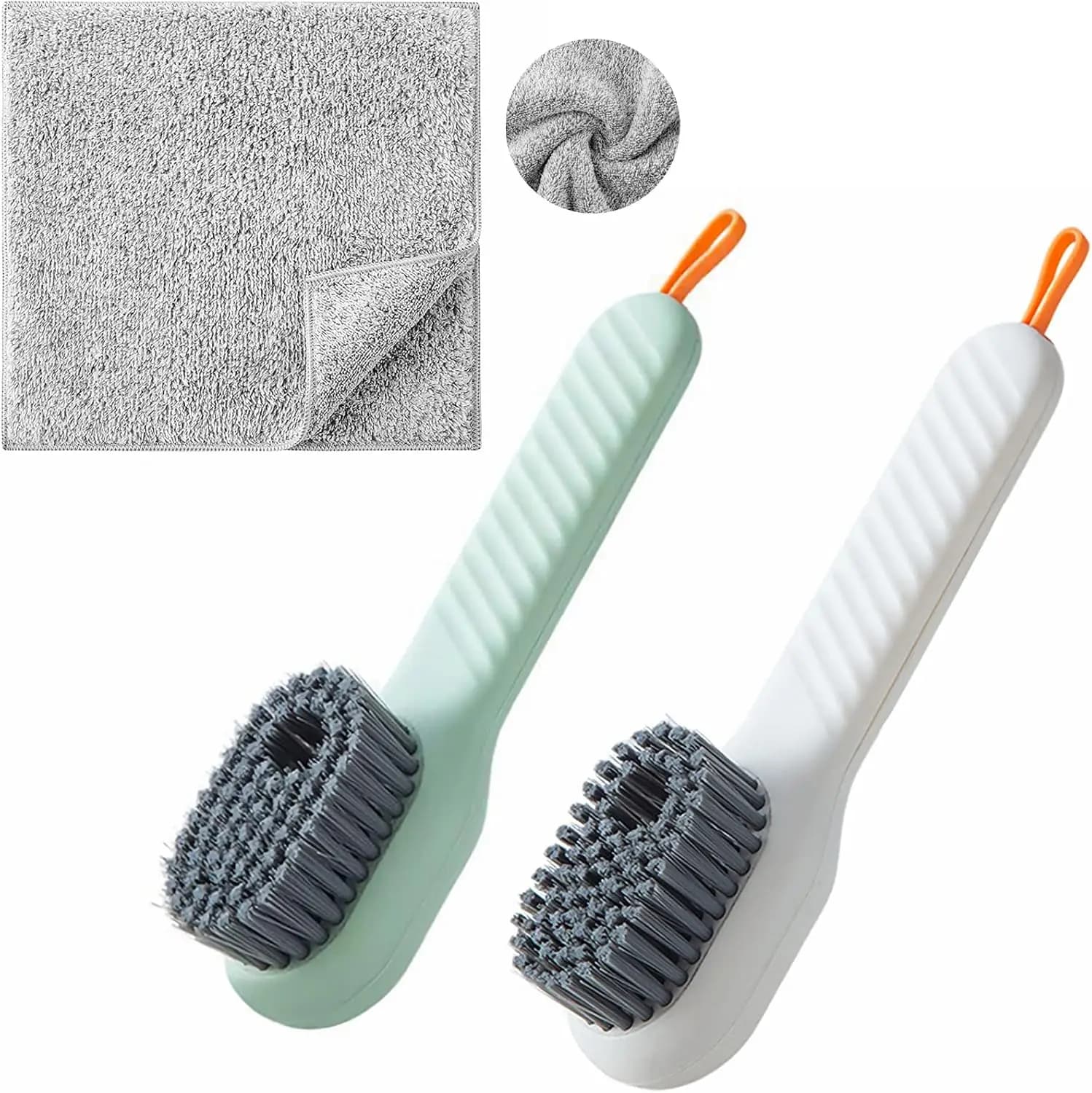 Spazzola per la pulizia della pelliccia con dispenser di sapone, 2 spazzole + 2 panni per la pulizia della casa, il lavaggio delle scarpe, il bucato
