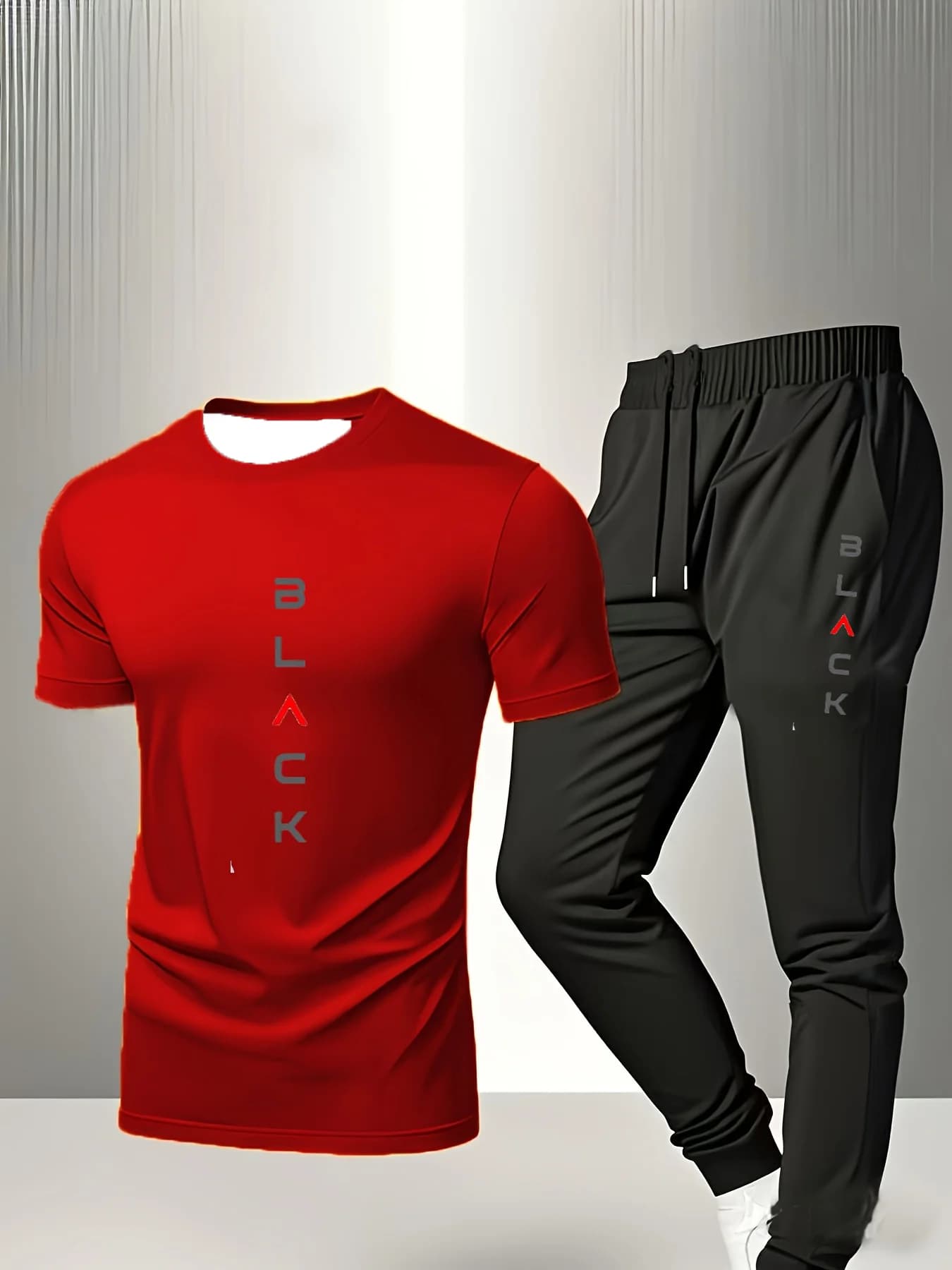Spring/summer clothing 2026 with letters motifs, consisting of a short sleeve shirt and long trousers.