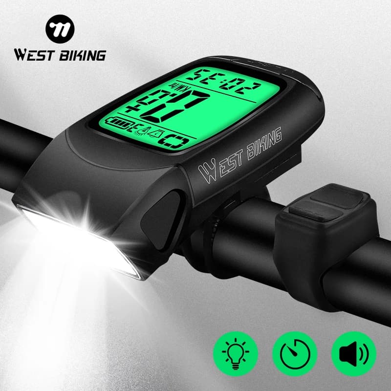 WEST BIKING Wireless Bicycle Computer LED Light Horn 3 In 1 Versatile USB Rechargeable Waterproof Speedometer Bike Counter