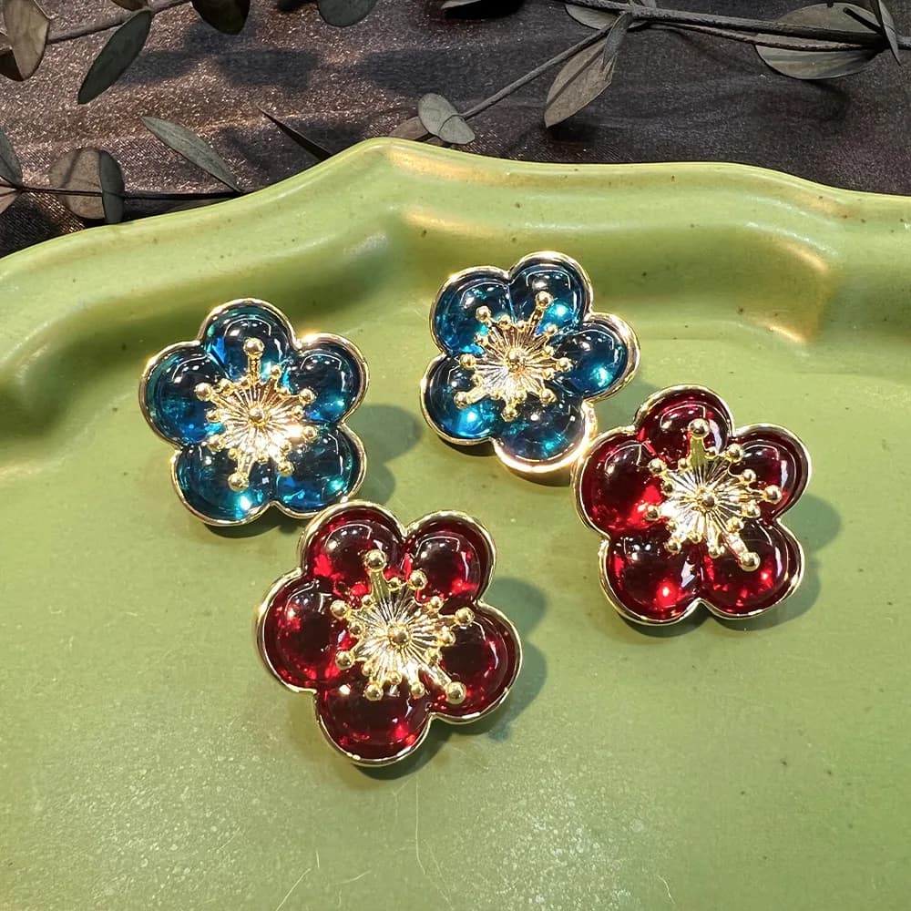 DIY accessories French retro vintage medium and ancient glazed flowers simple foreign versatile earrings niche high-end earrings
