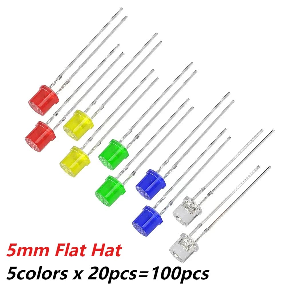 Kit LED piatto F5 da 5 mm, 100-500 pezzi, 5 colori (Rosso/Giallo/Blu/Verde/Bianco), assortimento di diodi LED per elettronica fai-da-te Arduino