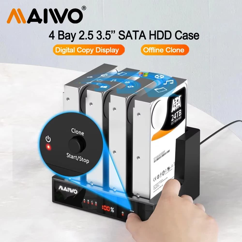 Docking station per disco rigido MAIWO a 4 alloggiamenti con LED 96TB USB3.0 Duplicatore per disco rigido clonazione offline per HDD SSD SATA da 2,5'' 3,5''
