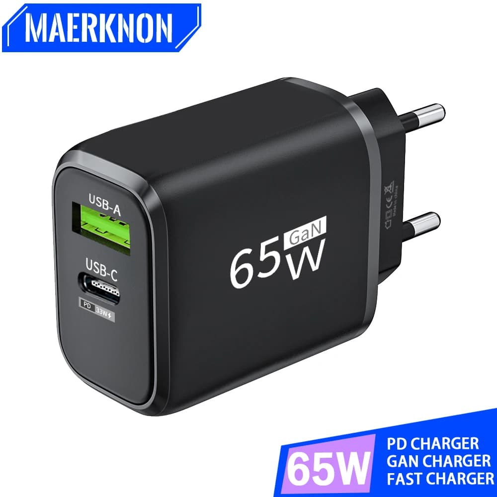 GaN Total 65W Quick Chargr 3.0 Adattatore di alimentazione per telefono cellulare a ricarica rapida per iPhone 15 Samsung Xiaomi Caricatore da muro Spina UE/USA