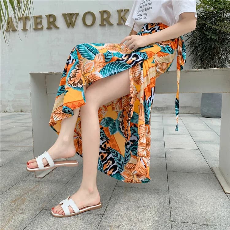 Beachwear One-Piece Irregular Floral Long Skirt for Women mid Waist Polyester Fiber Standard Fit H-Shape Wrap Style Sunscreen