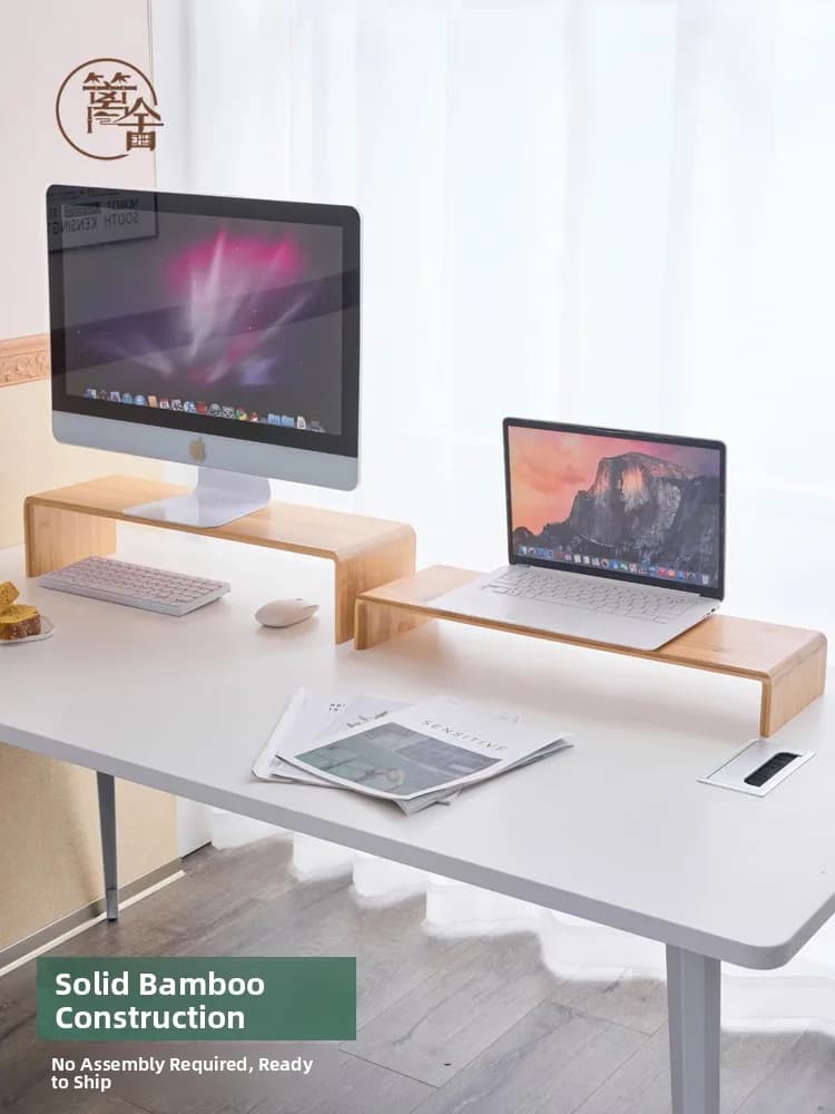 Simple Modern Office Cuter Monitor Riser Stand Bamboo Desktop Display Elevation Ra Non-Install Wooden Storage elf