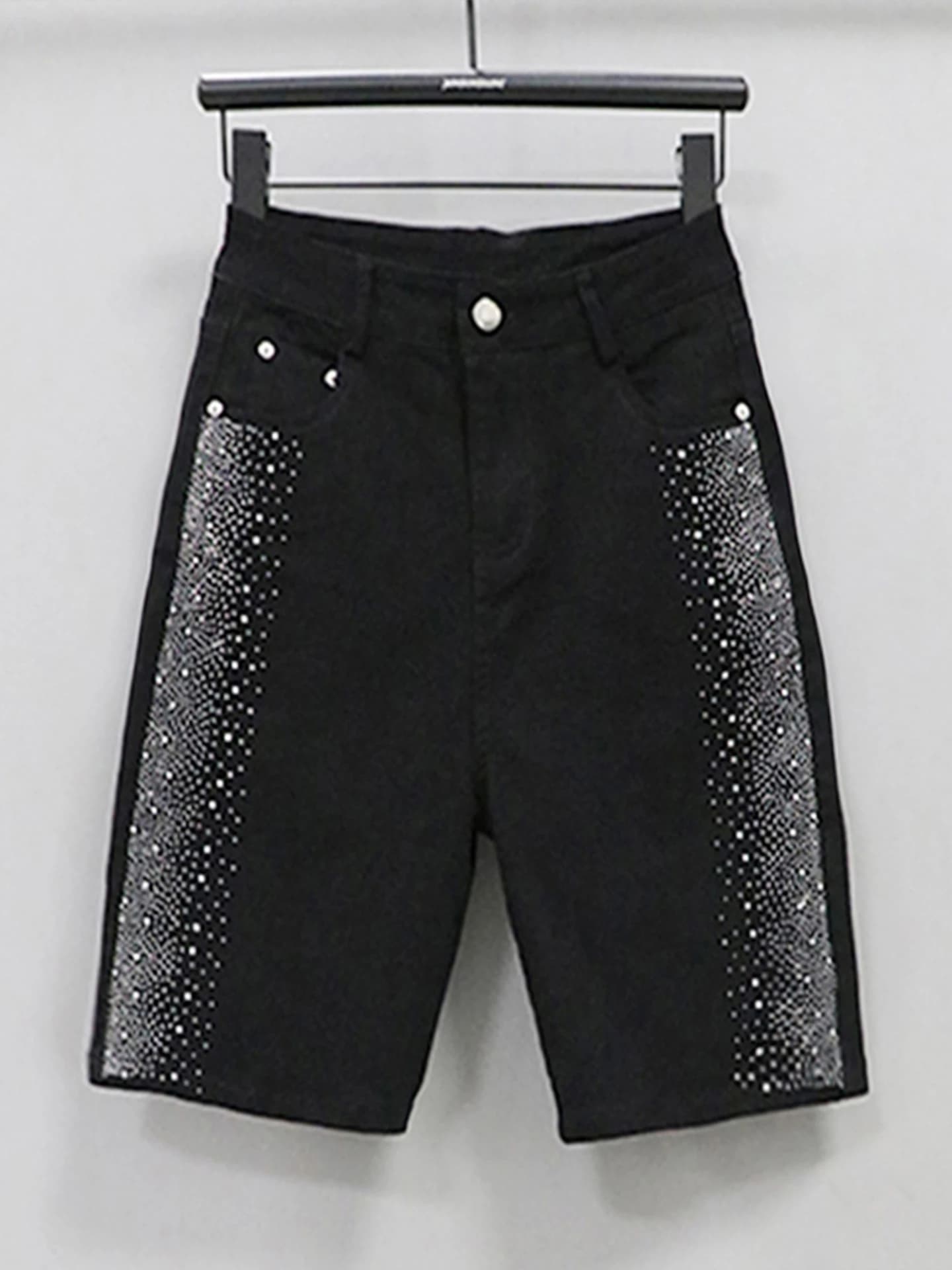 Women's straight leg high waist denim shorts with rhinestones, new Korean style, casual, elastic, for cycling, outer garment