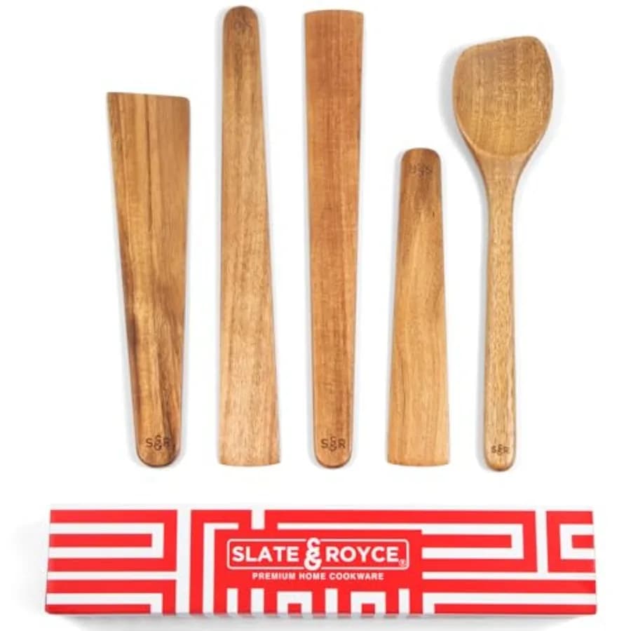 Set di 5 utensili da cucina in legno di acacia, non tossici, con bordi affusolati, resistenti al calore, per padelle antiaderenti.