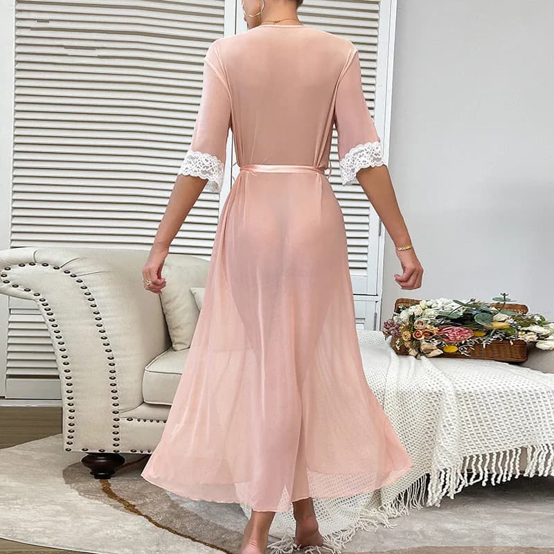 Abito da notte a maniche corte da donna allentato primavera estate Abito da notte in pizzo Moda Accappatoio lungo Salotto femminile Abbigliamento da casa Kimono da notte