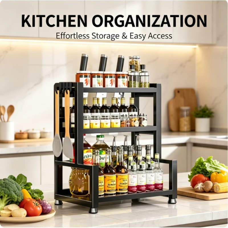 3 Tier Adjustable Metal Spice Rack Freestanding Kitchen Organizer with Hooks Knife Holder Black Countertop Pantry Seasoning Stor