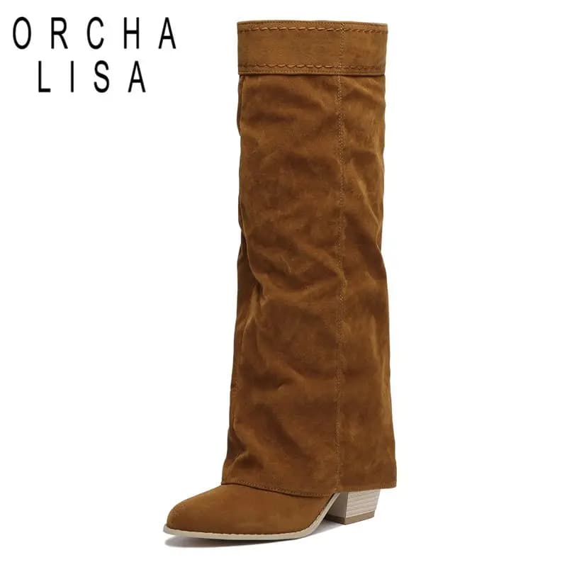 ORCHA LISA 2025 New Design Female Knee High Boots Flock Suede Round Toe Block Heels 7cm Slip On Plus Size 42 43 44 Dating Bota