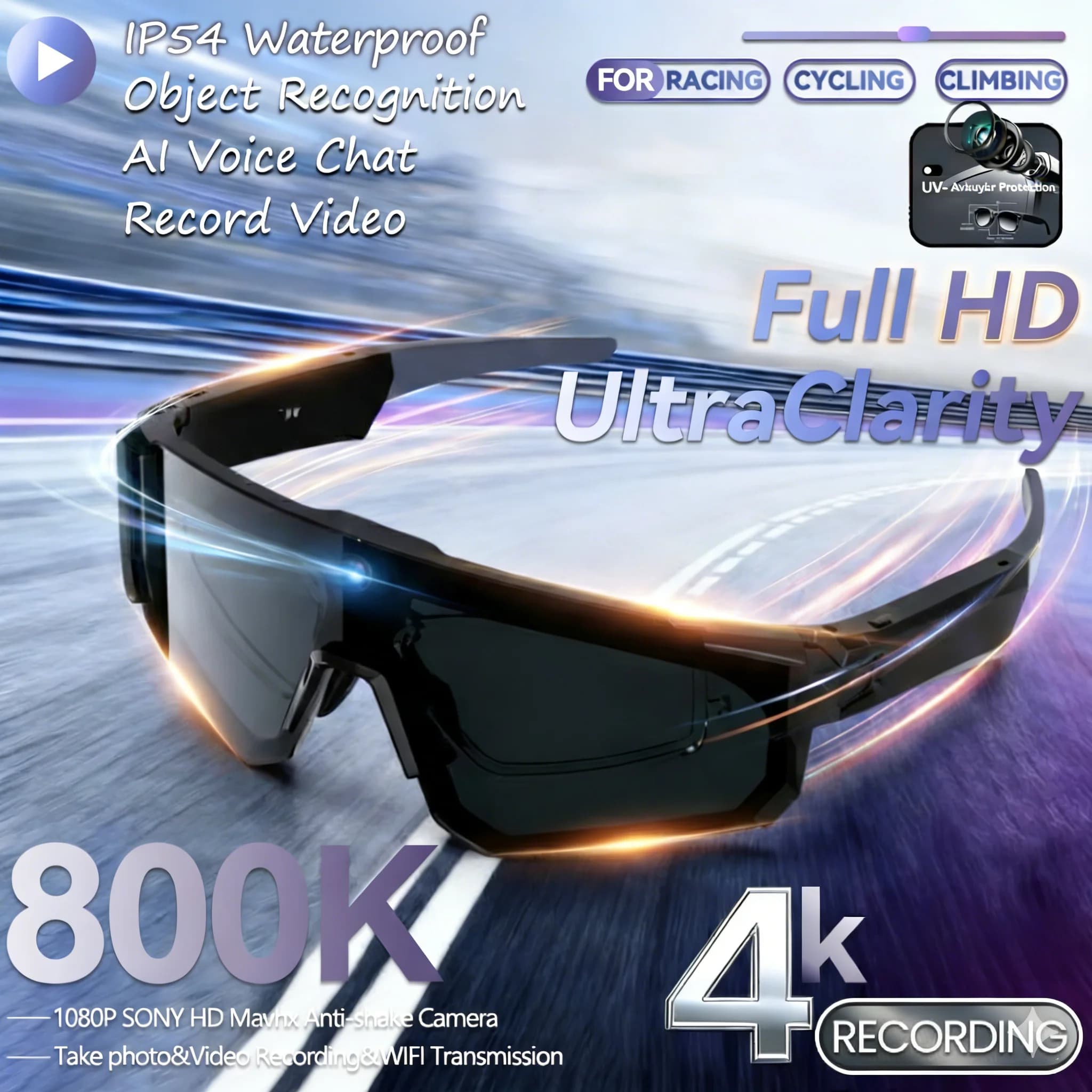4K 800W Smart HD Sports Glasses with 32GB Camera, Anti-vibration, Photo and Video Recording, Bluetooth Call, Action Cap, for Cycling