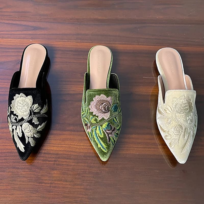 Embroidered Velvet Mules with Flowers, Women's Elegant Shoes, Chiusa Slippers, Slip-on, Low Sandals, Pantuflas, Sandalias