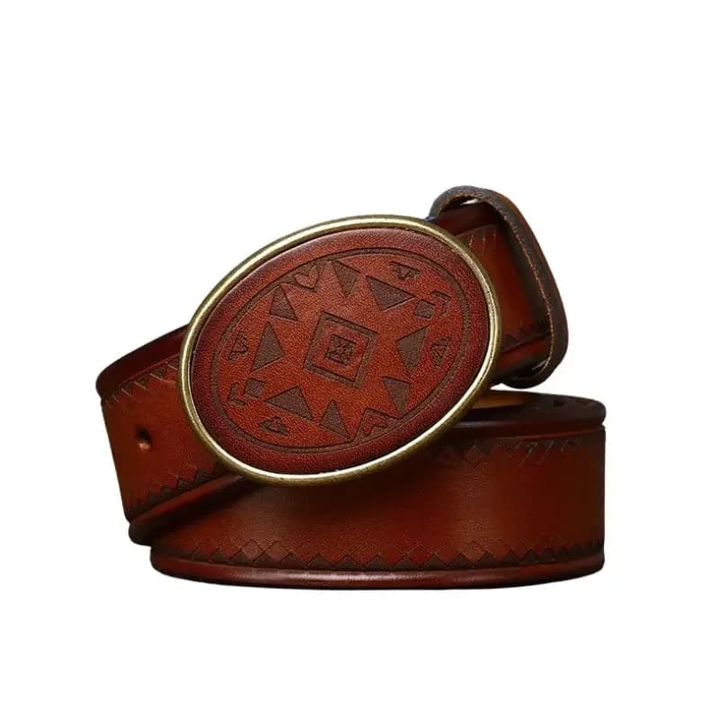 Vintage Laser Engraved Smooth Buckle Belt – Men's Full Grain Leather, Casual Fashion Style