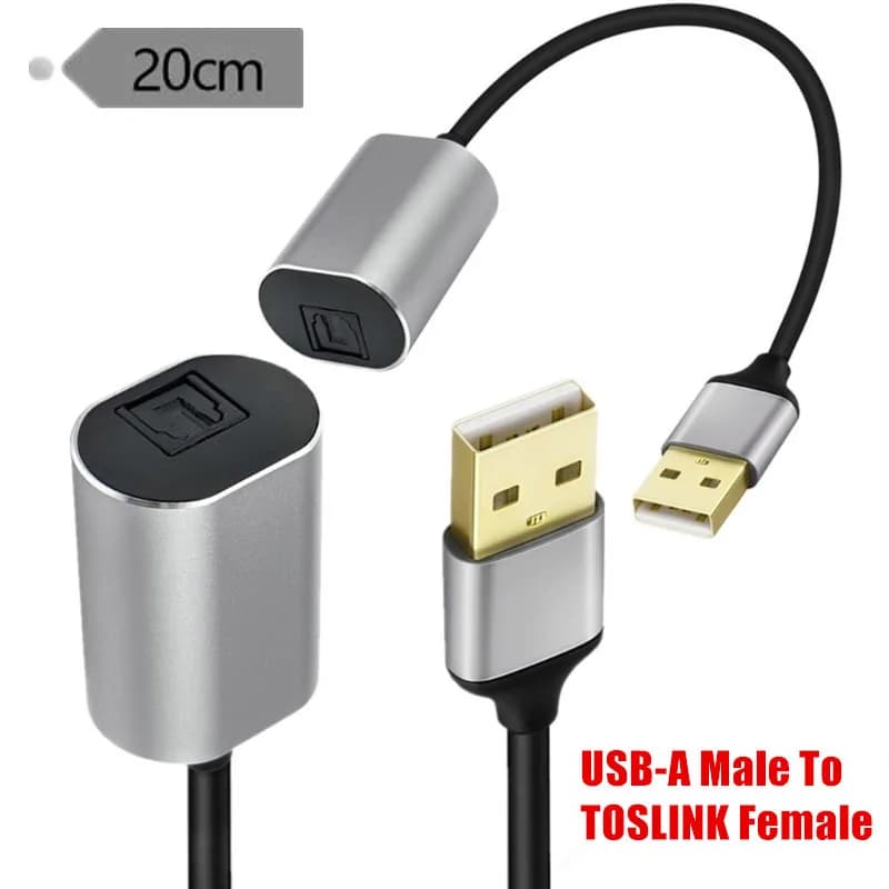 Connecting cable from USB-A male to TOSLINK female optical fiber SPDIF 20 cm PCM with aluminium shell for stereo digital audio signal